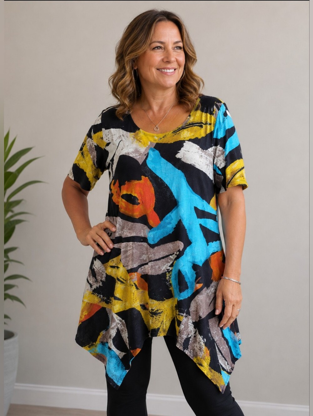 Abstract Color-Block Short Sleeve Tunic - Black/Multi (A3)